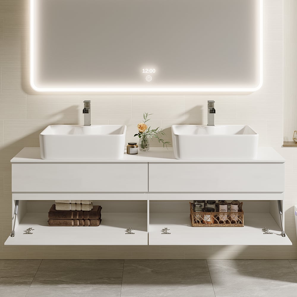 Avis Clients sur Meuble sous-vasque suspendu double moderne 150 cm avec plan de travail en résine de pierre et lavabos en céramique