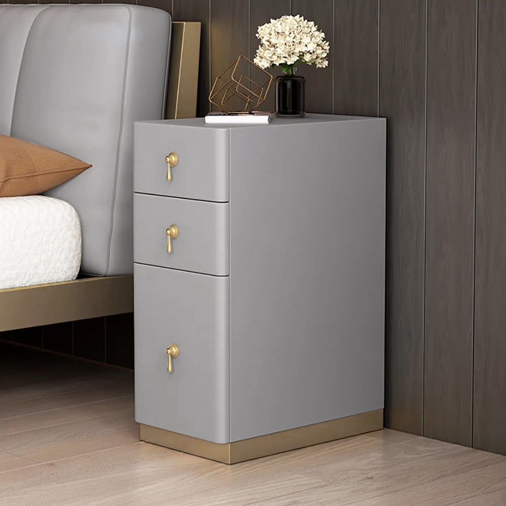 Questions and Answers for Modern Grey 3-Drawer Nightstand Narrow Bedside Table with Faux Leather Upholstery