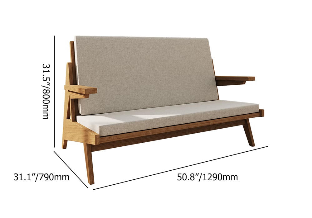 51" Rattan 2-Seater Sofa Japandi Ash Wood Loveseat with White Cushion in Walnut weights dimensions image