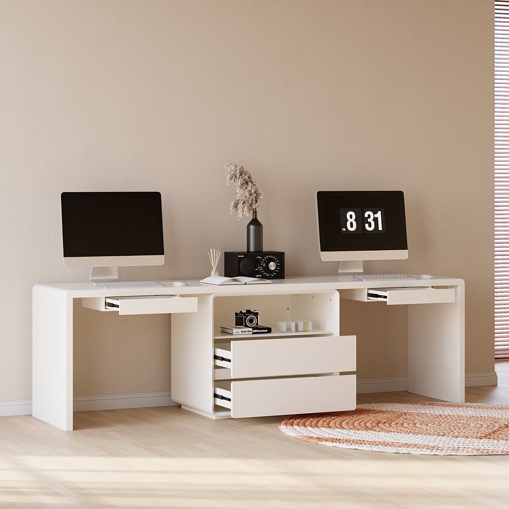 Questions and Answers for Modern rectangular white double straight desk with 4 drawers, 240 cm for 2 people