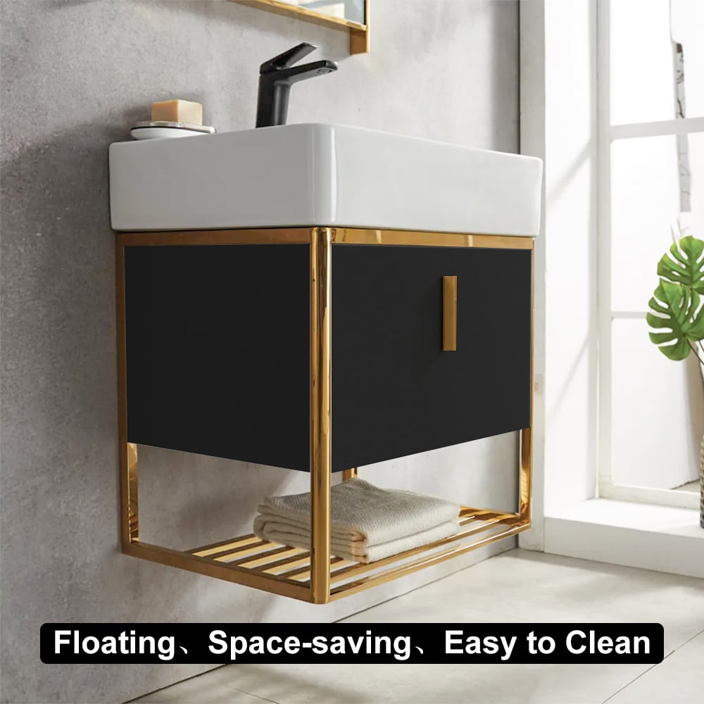 Avis Clients sur Vanité de salle de bain flottante noire moderne de 600 mm avec étagère à tiroirs, évier simple en céramique, petit