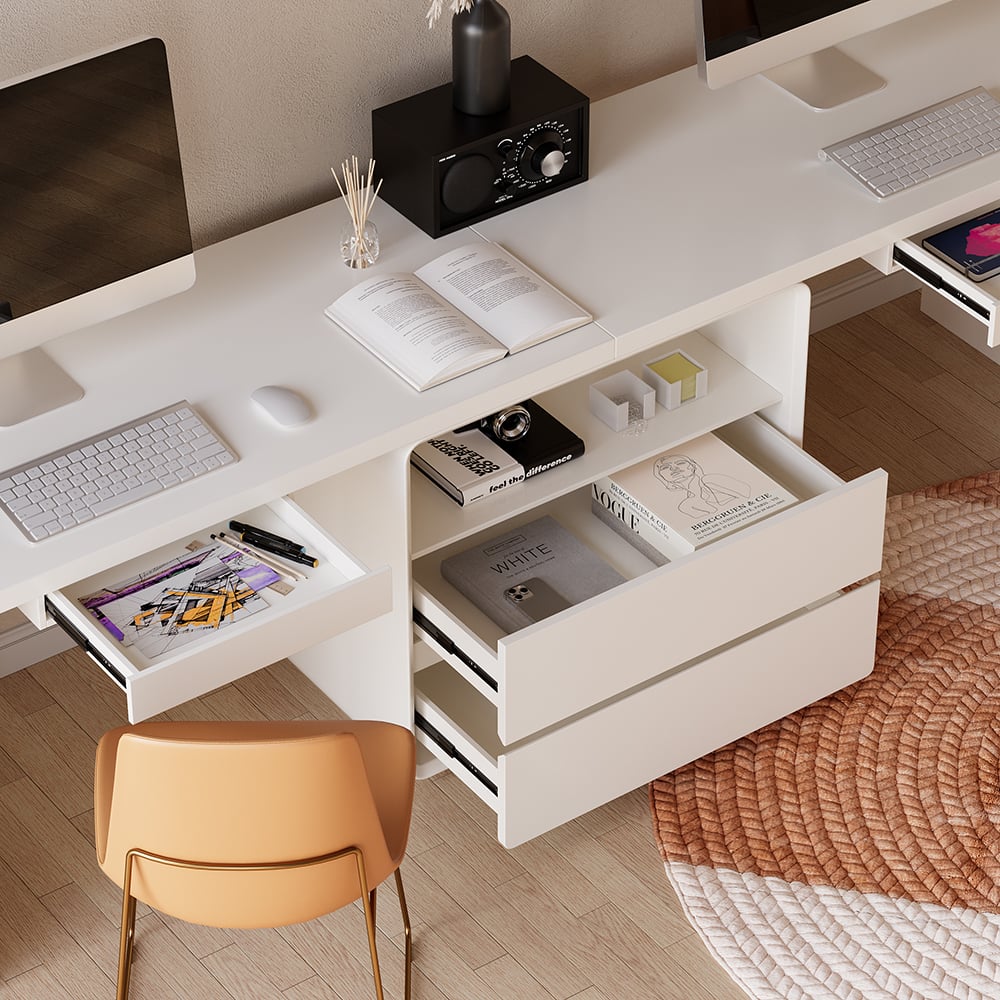 Modern 2-Person Double Computer Desk with 4 Drawers & Cabinet in White (94.5")|Homary