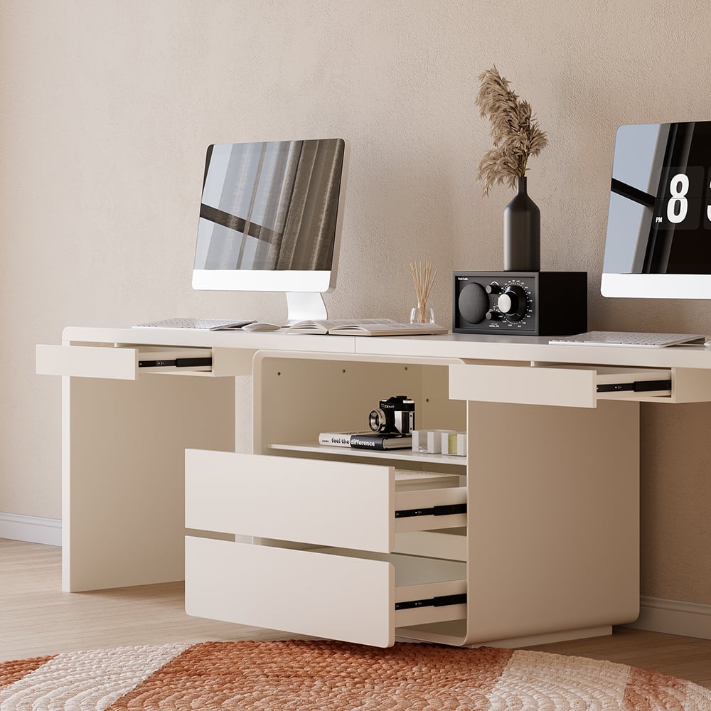 Modern 2-Person Double Computer Desk with 4 Drawers & Cabinet in White (94.5")|Homary