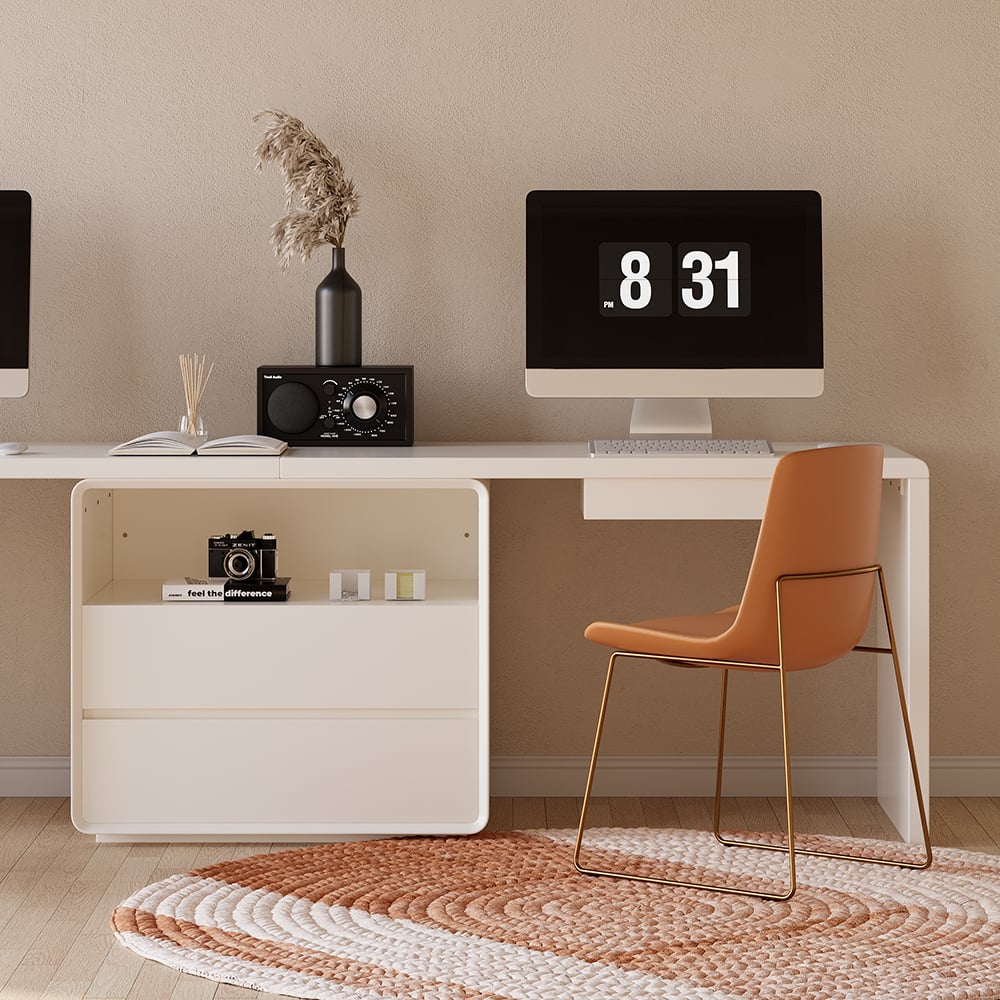 Modern 2-Person Double Computer Desk with 4 Drawers & Cabinet in White (94.5")|Homary