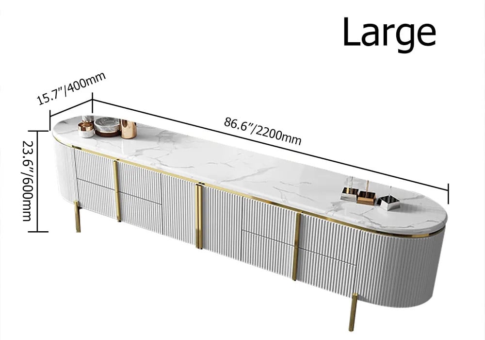 Gline Modern Oval TV Stand White Marble Top with Drawers & Storage for 85 Inch TV weights dimensions image