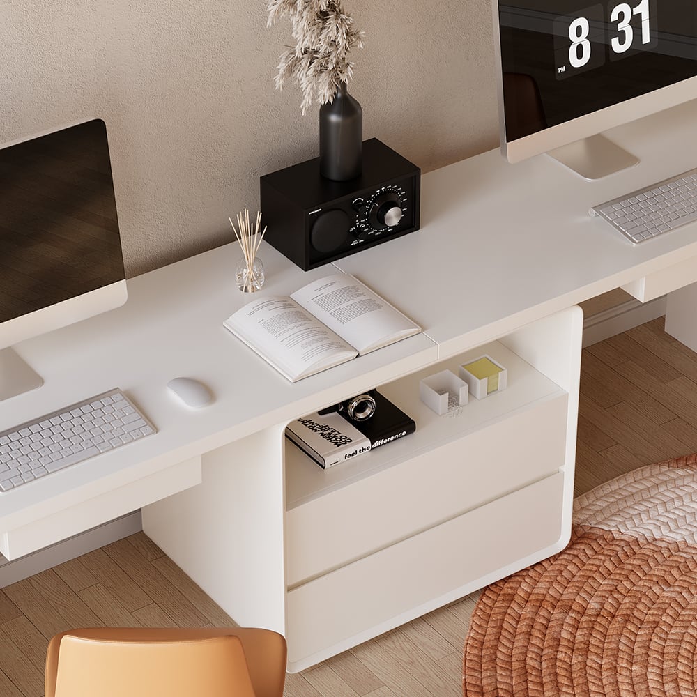 Modern 2-Person Double Computer Desk with 4 Drawers & Cabinet in White (94.5")|Homary