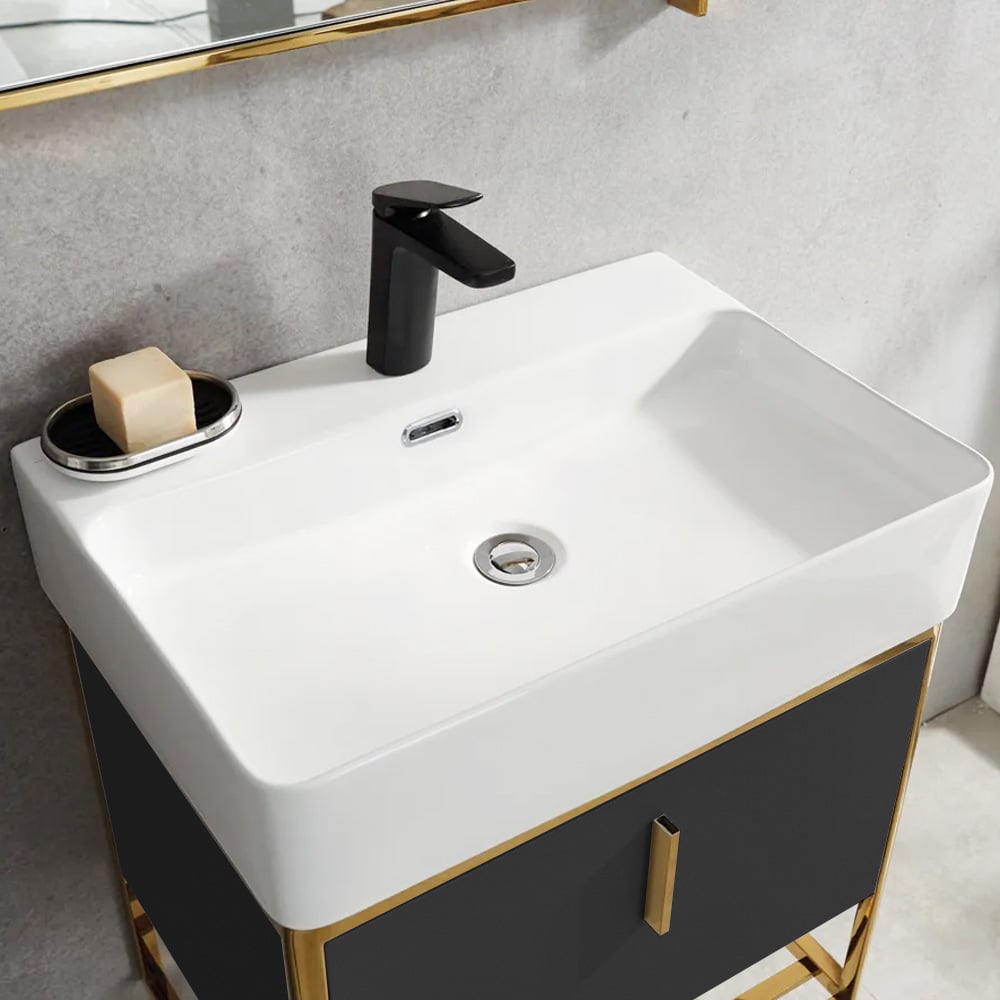 Avis Clients sur Vanité de salle de bain flottante noire moderne de 600 mm avec étagère à tiroirs, évier simple en céramique, petit