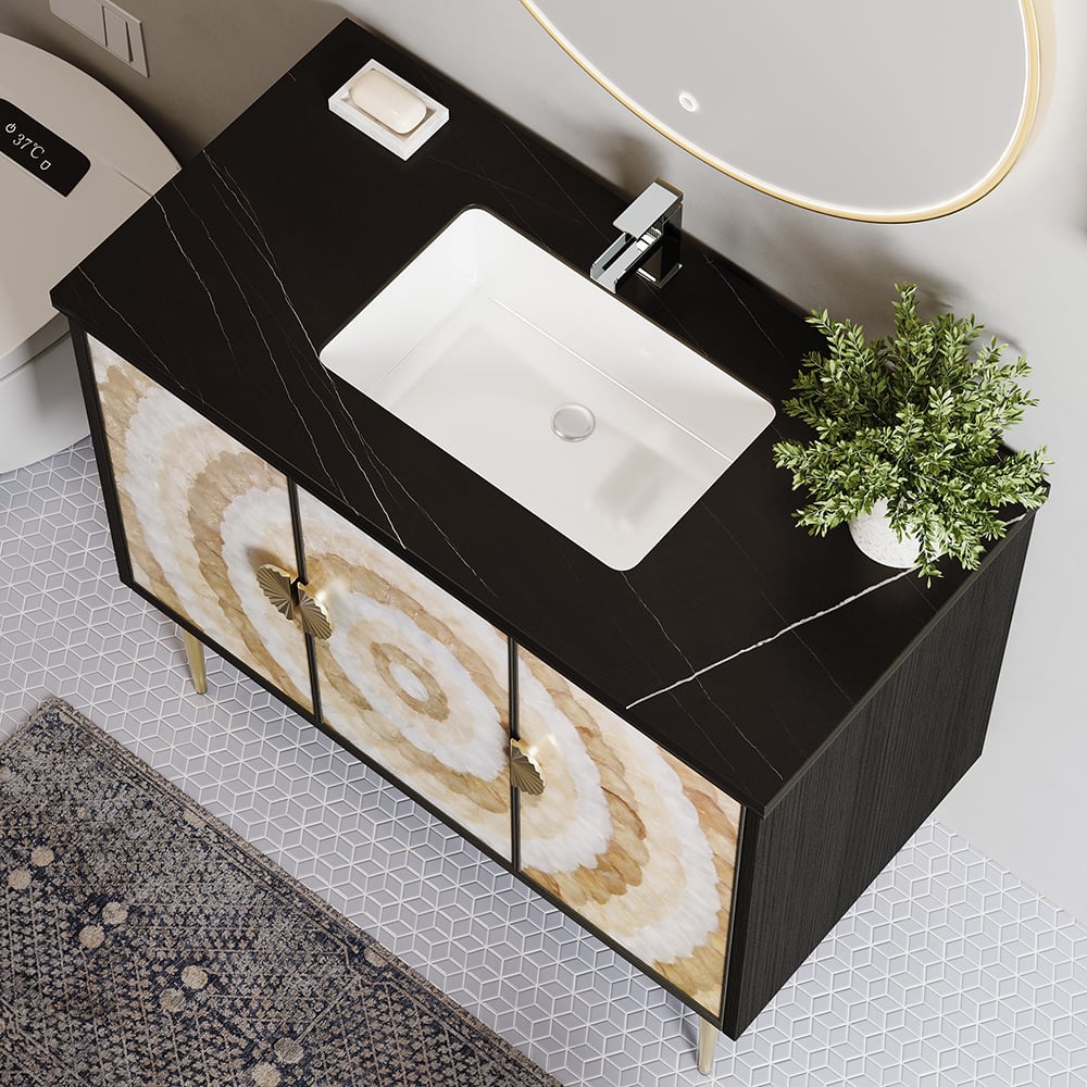 Pytania i odpowiedzi dla Zestaw toaletki łazienkowej 39,3" Nowoczesna wolnostojąca toaletka łazienkowa ze spiekanym kamieniem z umywalką