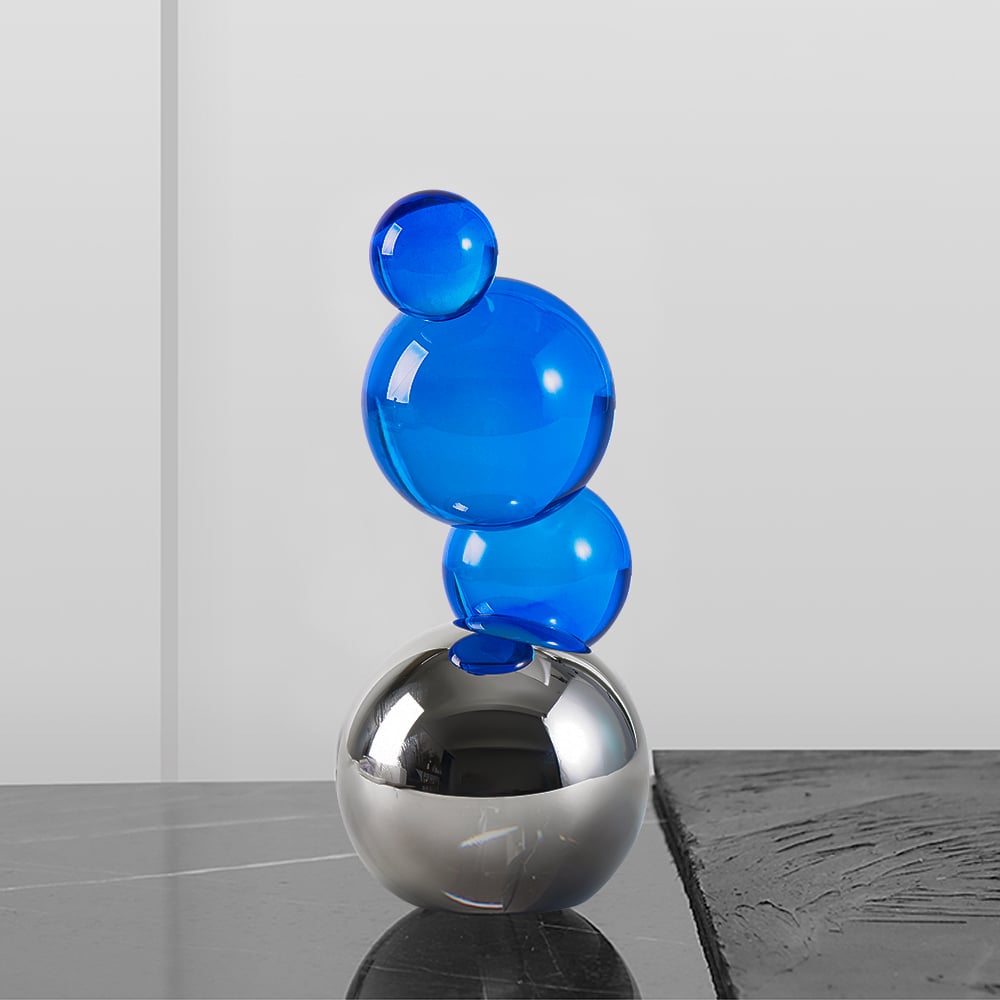 Perguntas e respostas para Ornamento de escultura 3D Blue Crystal Stack Bubble Ball, arte de decoração de casa com base prateada