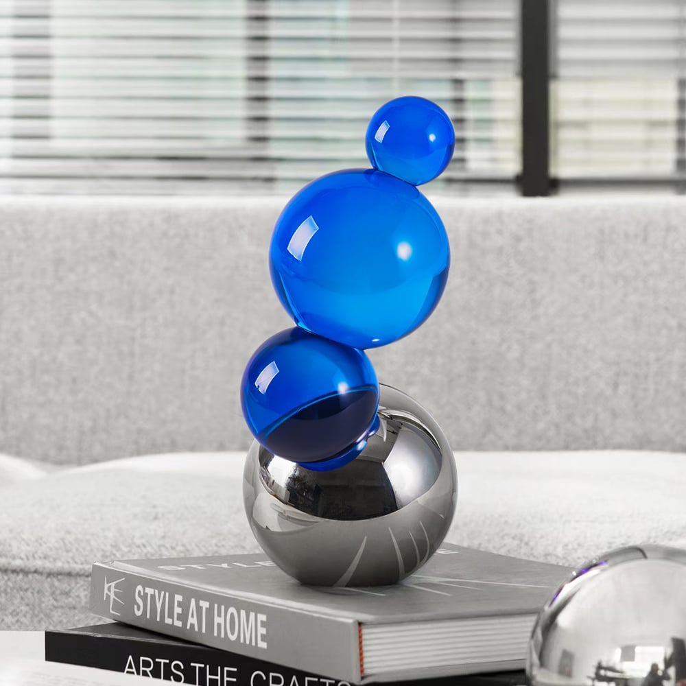 Perguntas e respostas para Ornamento de escultura 3D Blue Crystal Stack Bubble Ball, arte de decoração de casa com base prateada