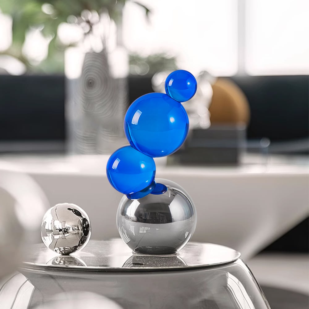 Perguntas e respostas para Ornamento de escultura 3D Blue Crystal Stack Bubble Ball, arte de decoração de casa com base prateada