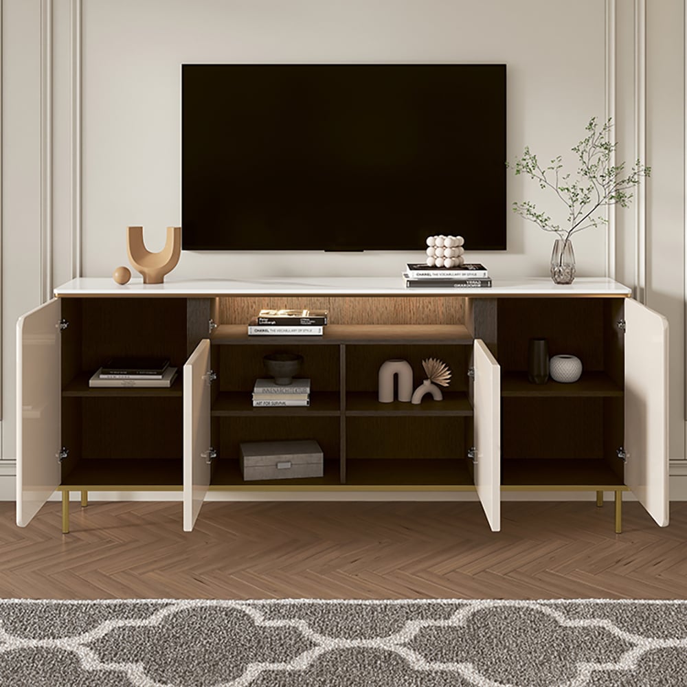Kundenbewertungen für TV-Schrank aus Sinterstein in Beige mit 4 Türen und 5 Regalen, 180 cm