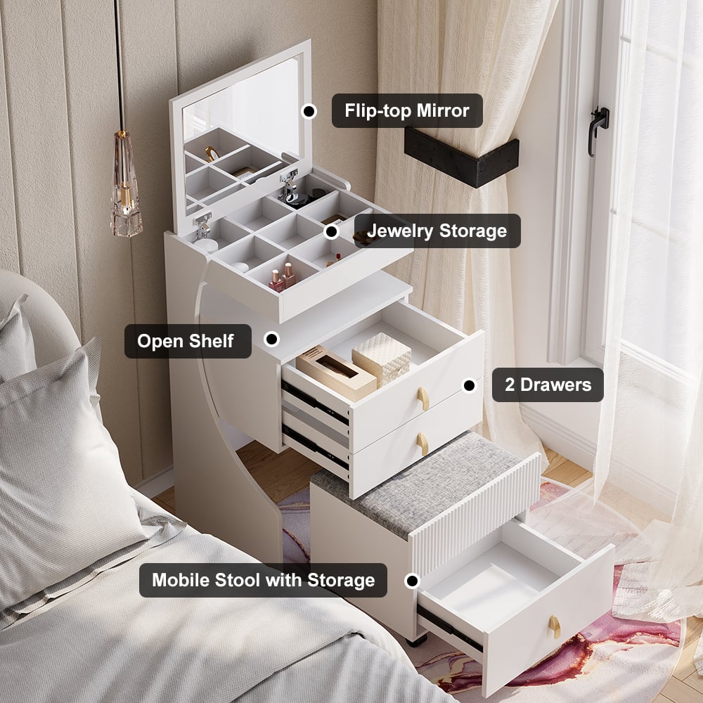 Otázky a odpovědi pro Moderní bílá make-upová sada se zrcadlovým mini toaletním stolkem se stoličkou