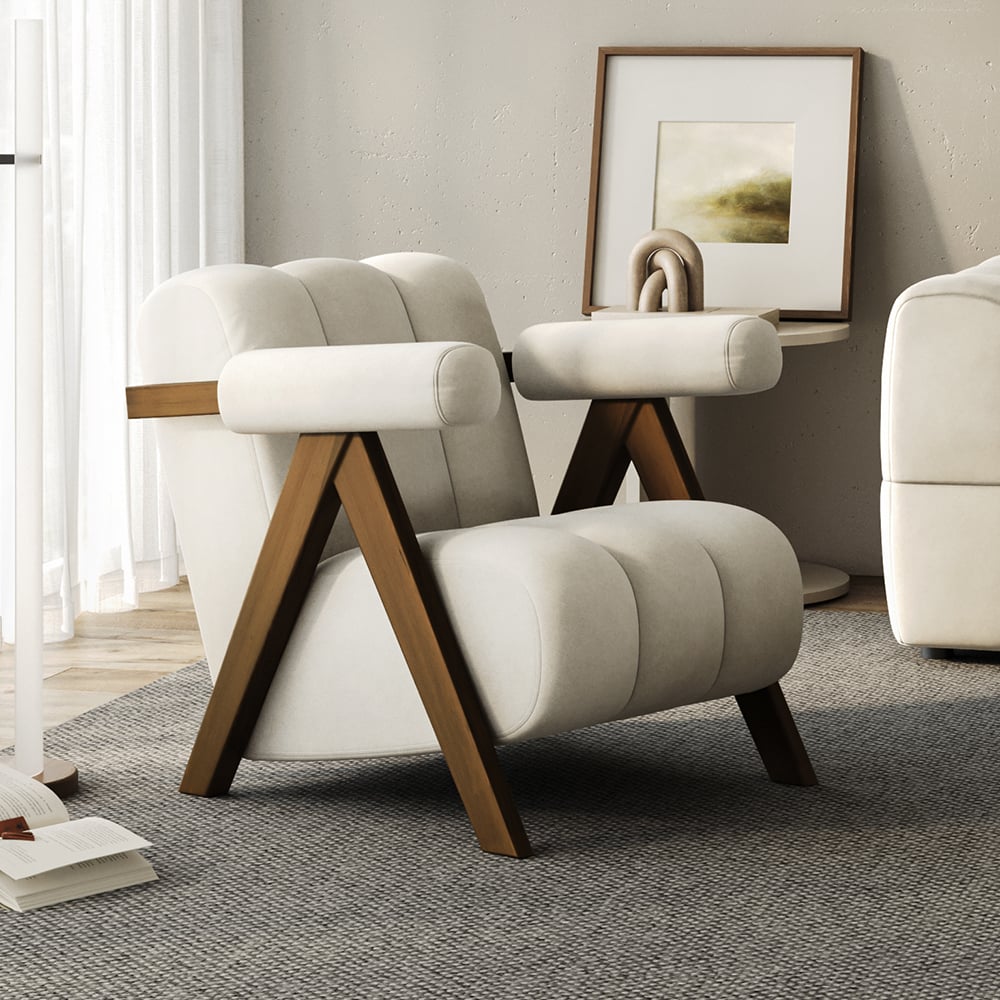 Otázky a odpovědi pro Japandi Beige Accent Chair Sametové čalouněné křeslo s ořechovým rámem pro obývací pokoj