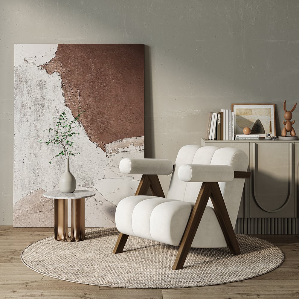 Otázky a odpovědi pro Japandi Beige Accent Chair Sametové čalouněné křeslo s ořechovým rámem pro obývací pokoj