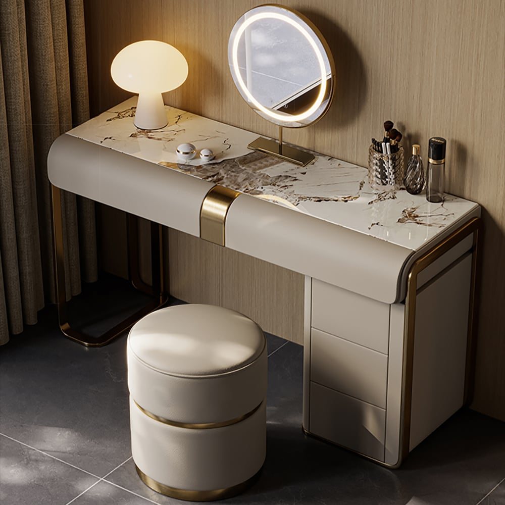 Questions and Answers for Modern Grey Makeup Vanity Set with Side Cabinet Dressing Table with Mirror & Stool