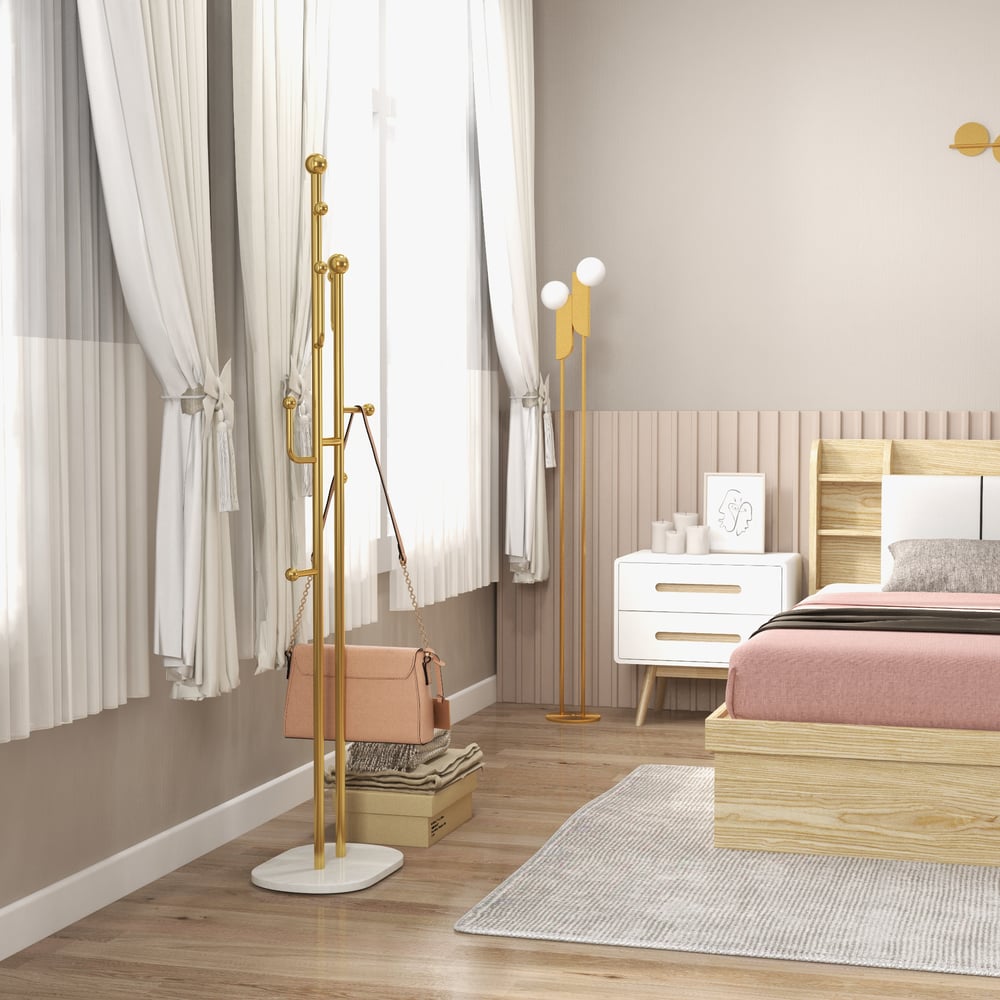Questions et Réponses pour Porte-manteau autoportant en métal moderne chic 1700 mm, base en marbre doré