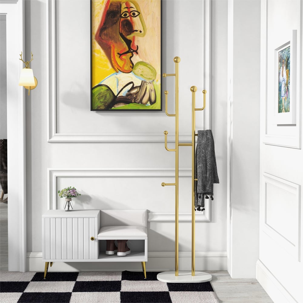 Questions et Réponses pour Porte-manteau autoportant en métal moderne chic 1700 mm, base en marbre doré