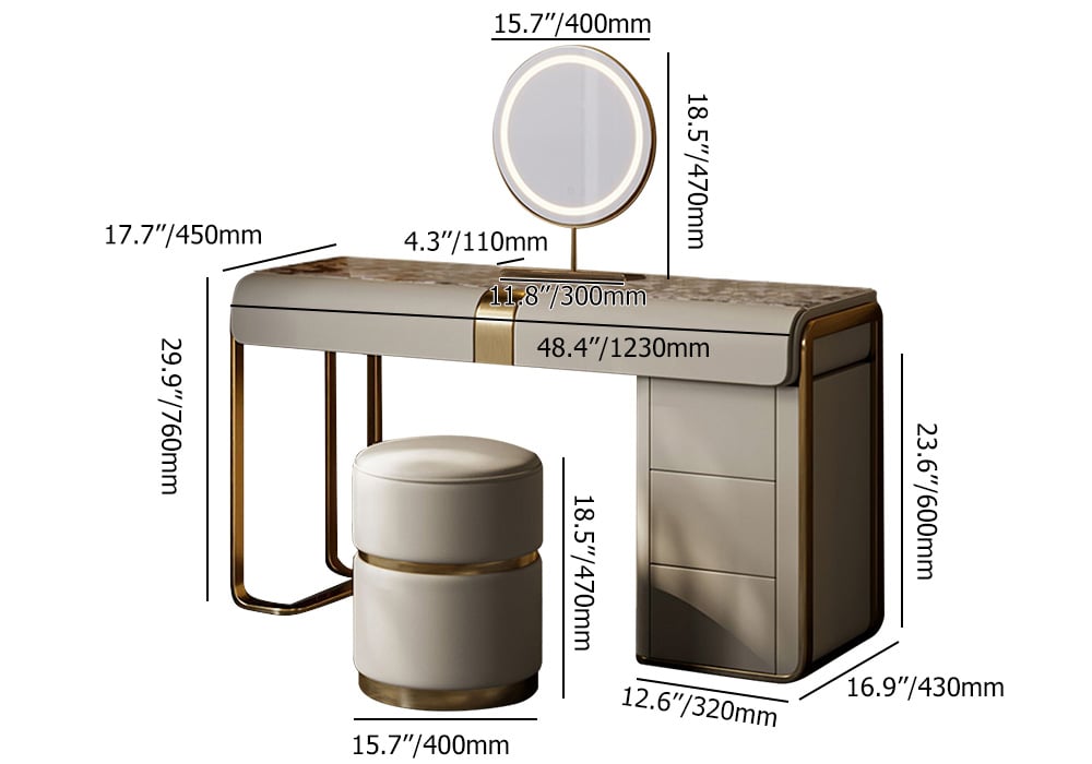 modern gray dressing table set with cabinet, vanity table with mirror and stool weights dimensions image