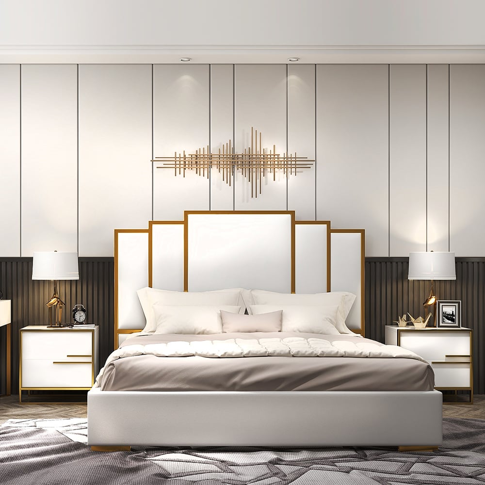 Questions et Réponses pour Ensemble de 2 tables de chevet carrées blanches avec 2 tiroirs Design minimaliste en or