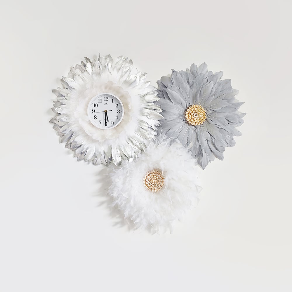 Questions et Réponses pour Horloge murale bohème en forme de macramé, 3 pièces, ensemble de fleurs rondes, blanc et gris