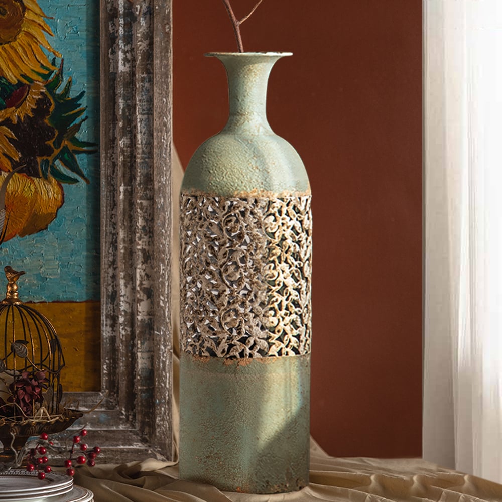 Pytania i odpowiedzi dla 26,4" francuski wiejski duży metalowy wazon podłogowy Wysoki geometryczny wystrój domu Art zielony i biały