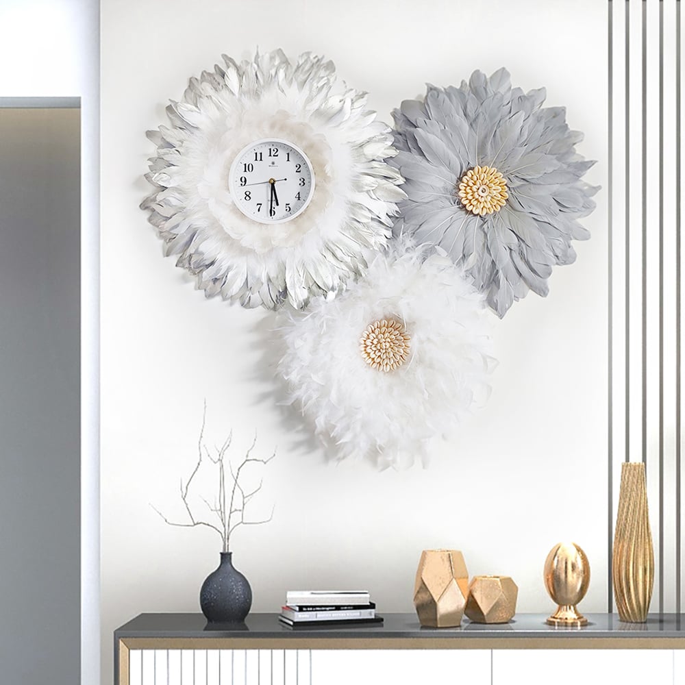 Questions et Réponses pour Horloge murale bohème en forme de macramé, 3 pièces, ensemble de fleurs rondes, blanc et gris
