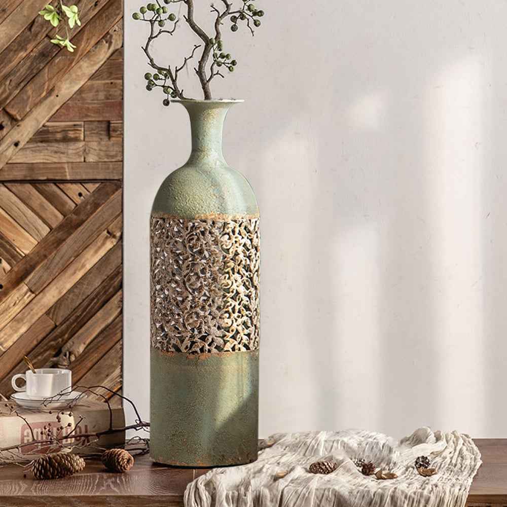 Pytania i odpowiedzi dla 26,4" francuski wiejski duży metalowy wazon podłogowy Wysoki geometryczny wystrój domu Art zielony i biały