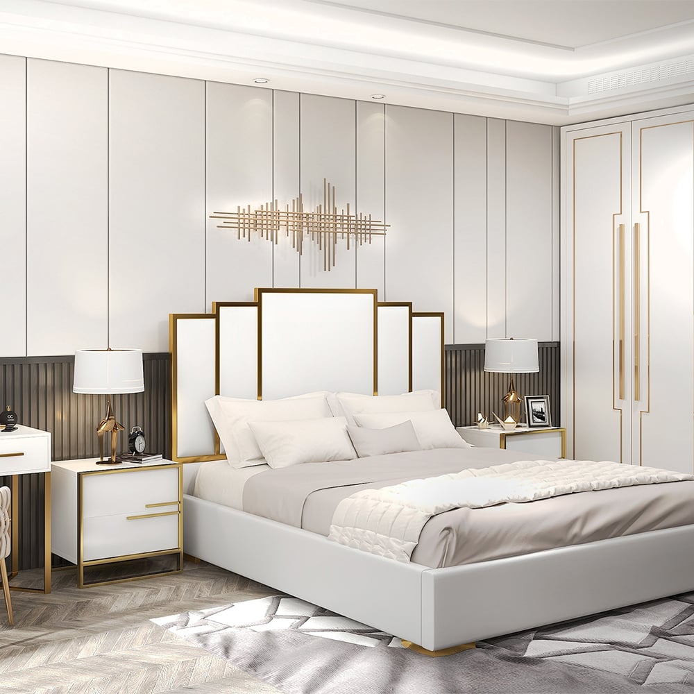 Questions et Réponses pour Ensemble de 2 tables de chevet carrées blanches avec 2 tiroirs Design minimaliste en or