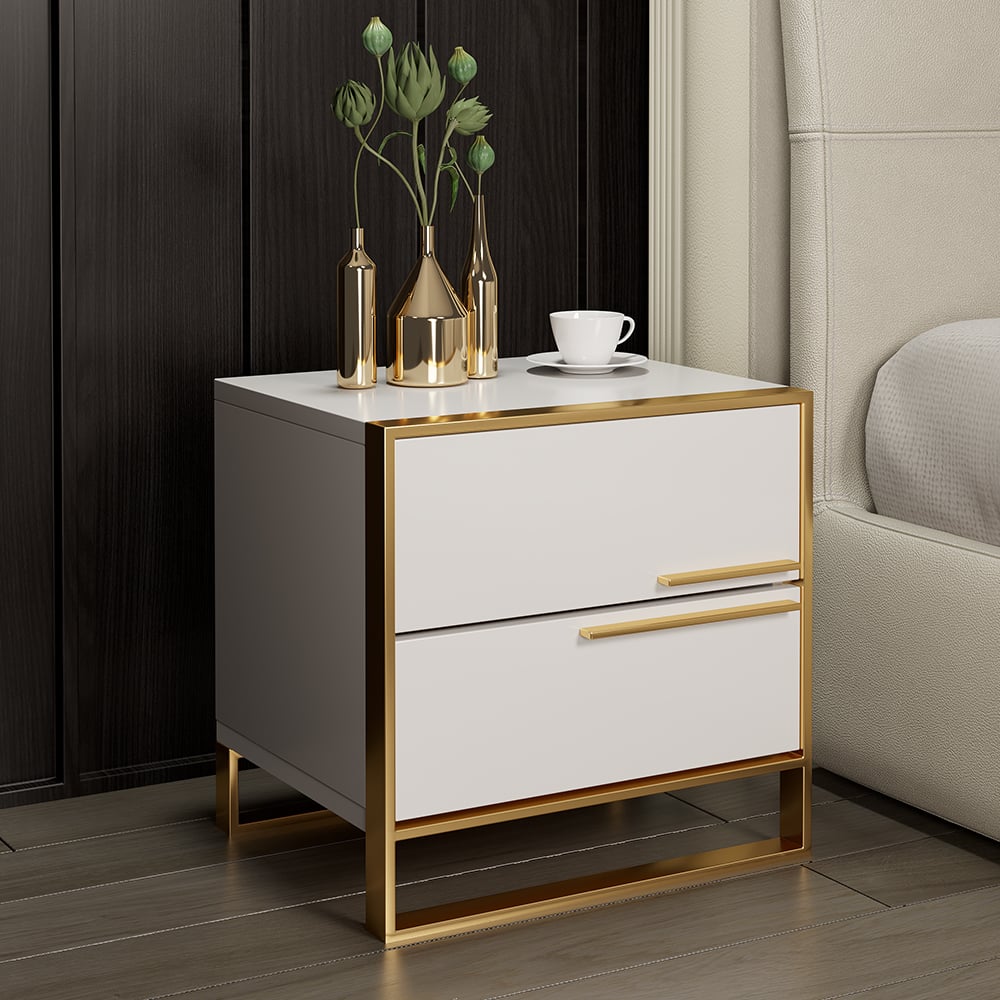 Questions et Réponses pour Ensemble de 2 tables de chevet carrées blanches avec 2 tiroirs Design minimaliste en or