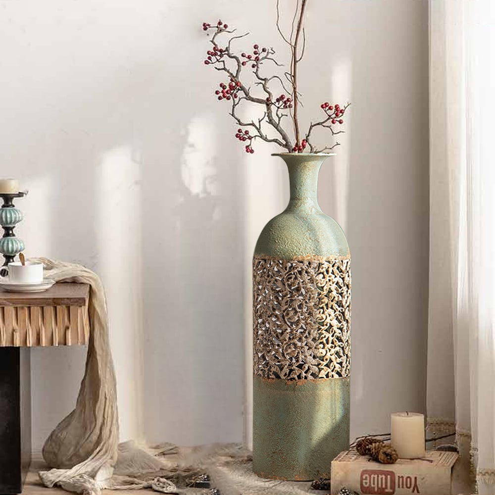 Pytania i odpowiedzi dla 26,4" francuski wiejski duży metalowy wazon podłogowy Wysoki geometryczny wystrój domu Art zielony i biały