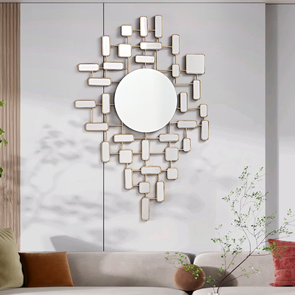 Avis Clients sur Miroir mural à panneau abstrait rectangulaire et rond Art doré