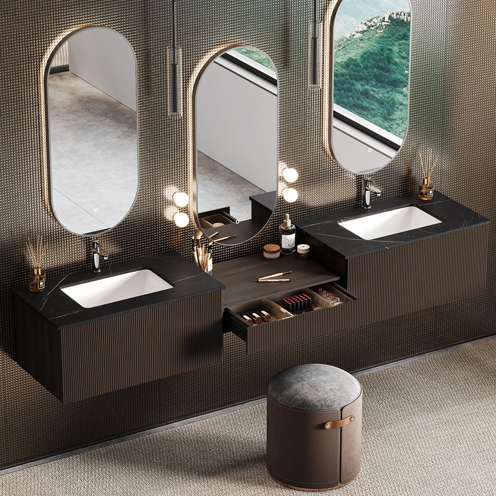 Customer Reviews for Modern Floating Double Sink Bathroom Vanity Set with Makeup Table Walnut
