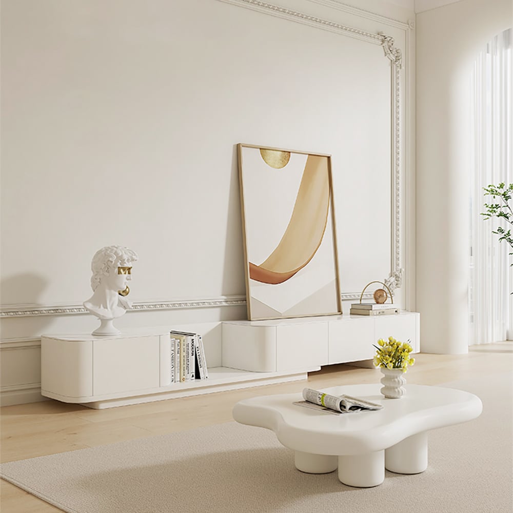 Kundenbewertungen für Ausziehbarer TV Lowboard aus Holzwerkstoff mit 4 Schubladen in Cremeweiß, 274 cm