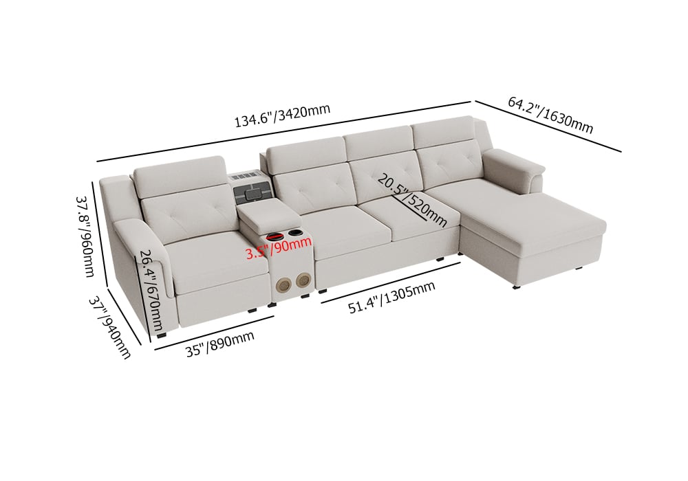 134.6" White Power Reclining Sectional Sofa Pull Out Bed Cup Holder & Speaker & Storage weights dimensions image