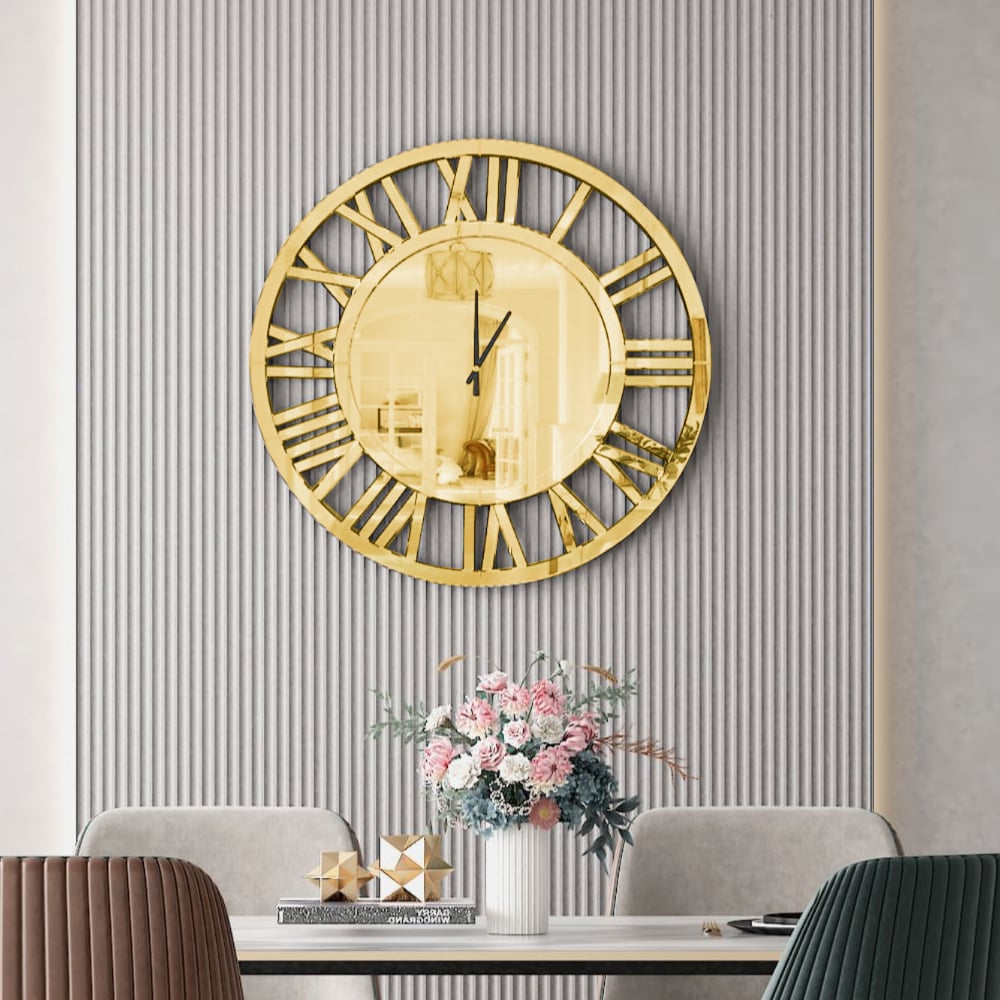 Questions and Answers for 23" Large Round Roman Numeral Silent Wall Clock Modern Acrylic Mirror Decor Art in Gold 