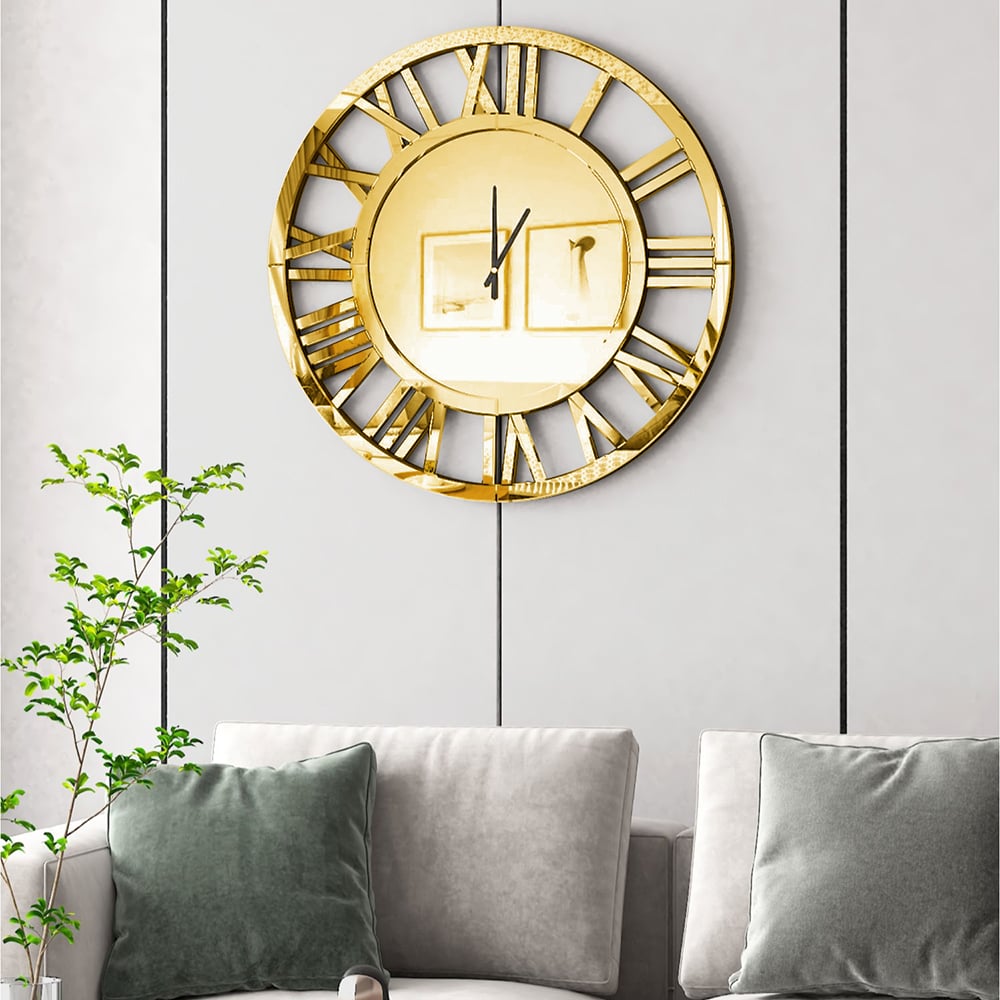 Questions and Answers for 23" Large Round Roman Numeral Silent Wall Clock Modern Acrylic Mirror Decor Art in Gold 