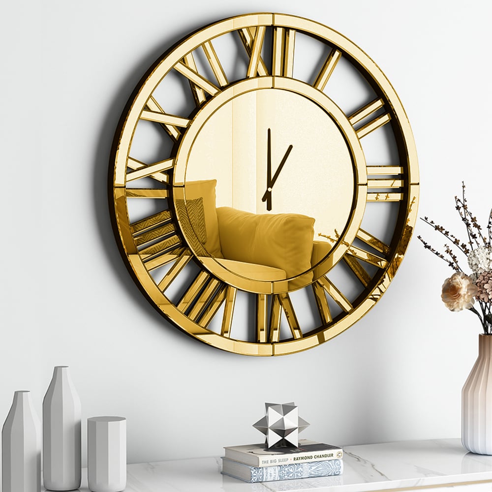 Questions and Answers for 23" Large Round Roman Numeral Silent Wall Clock Modern Acrylic Mirror Decor Art in Gold 