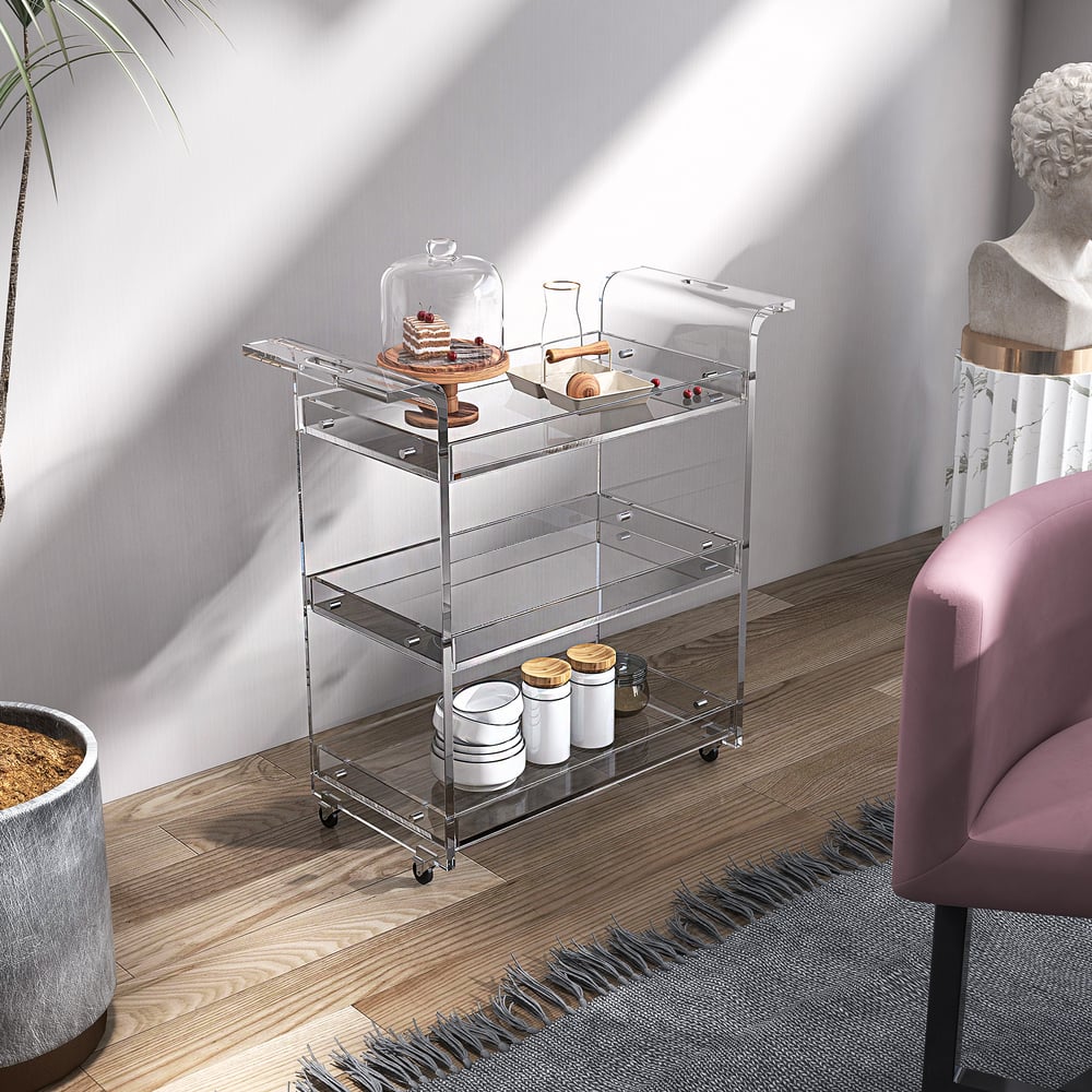 Vragen en antwoorden voor Moderne acryl rollende serveerbarwagen 3-laags trolley bijzettafel met handgrepen