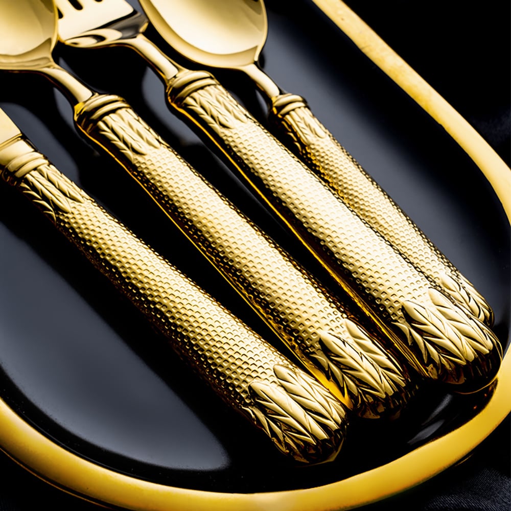 Questions et Réponses pour Ensemble de couverts de luxe en or unique pour 12 couverts de cuisine en acier inoxydable gaufré