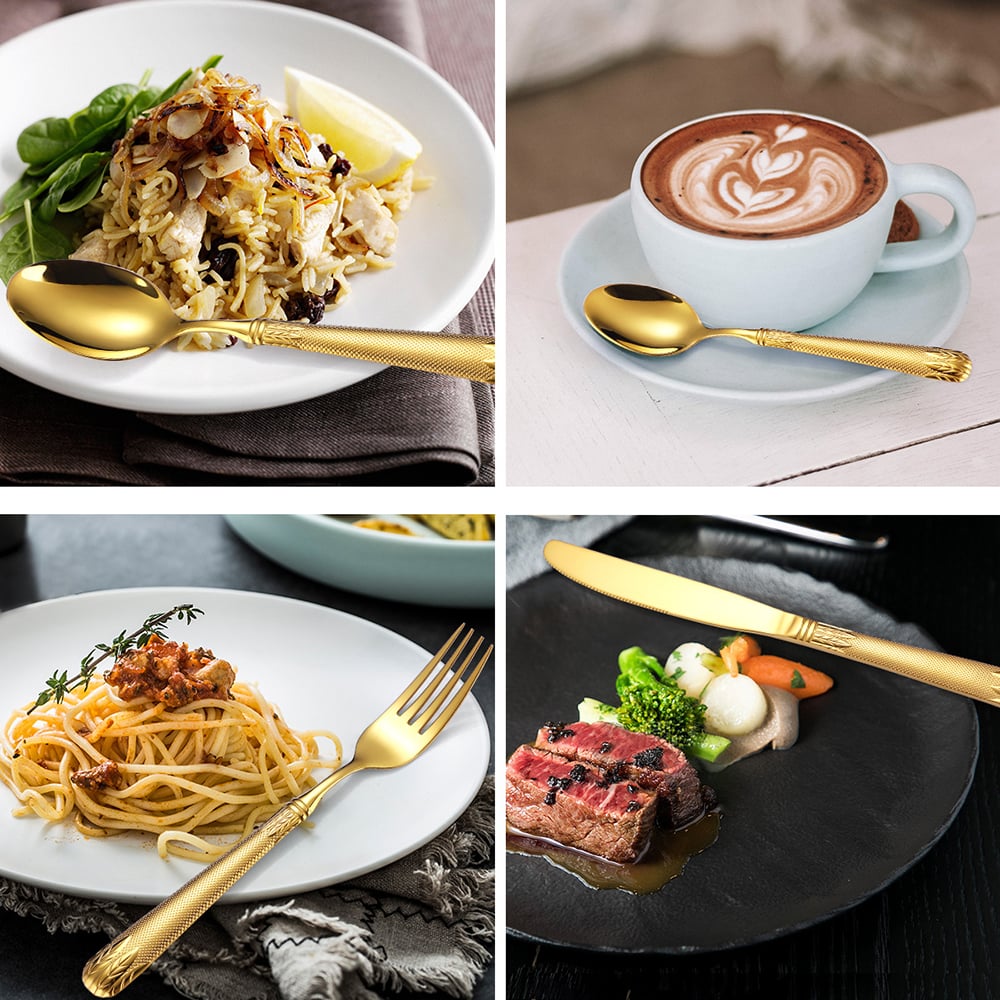 Questions et Réponses pour Ensemble de couverts de luxe en or unique pour 12 couverts de cuisine en acier inoxydable gaufré