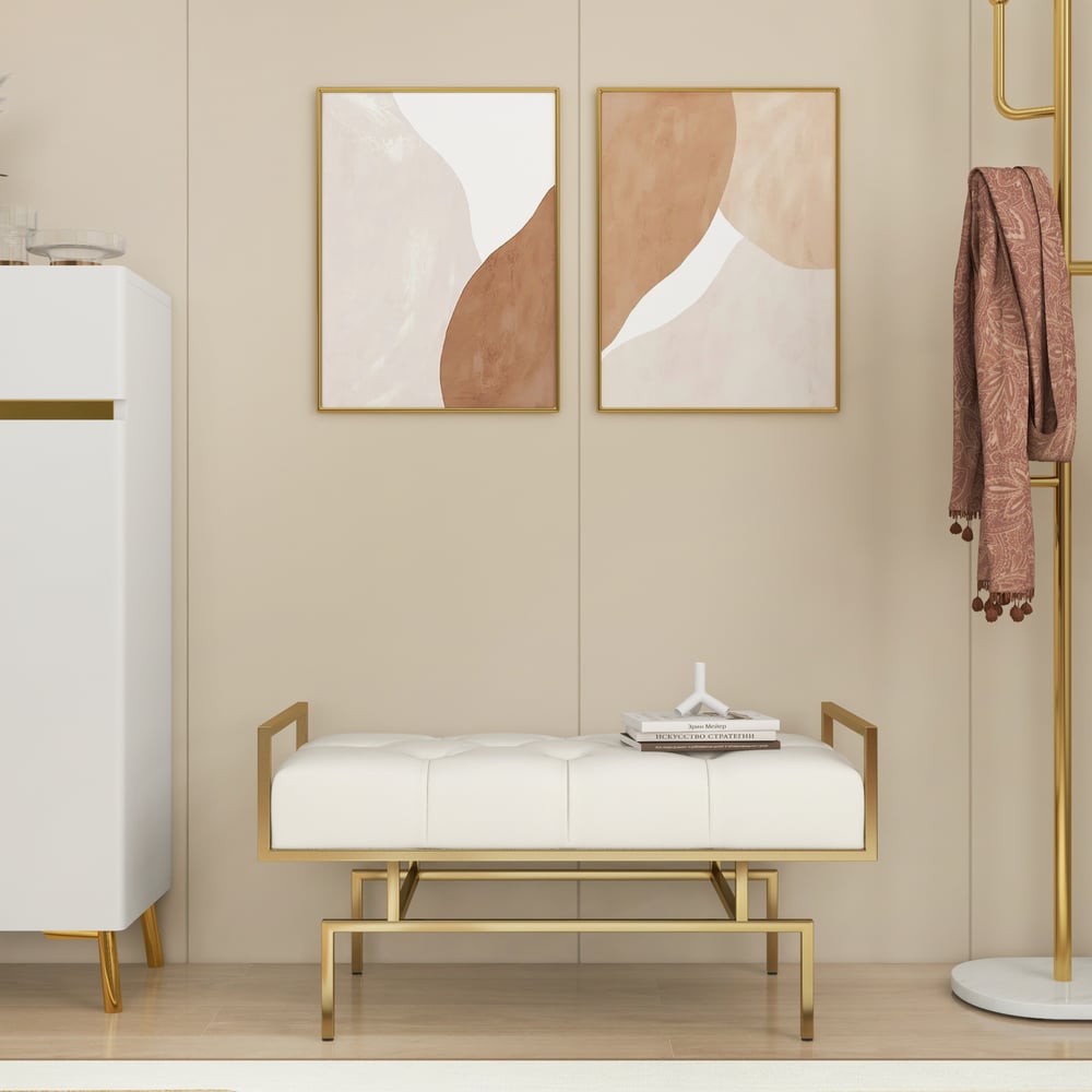 Avis Clients sur Banc de couloir beige moderne capitonné en similicuir avec pieds dorés