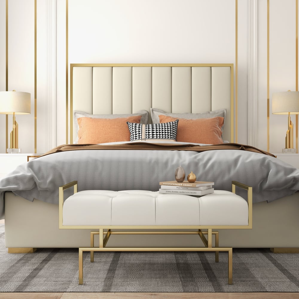 Avis Clients sur Banc de couloir beige moderne capitonné en similicuir avec pieds dorés