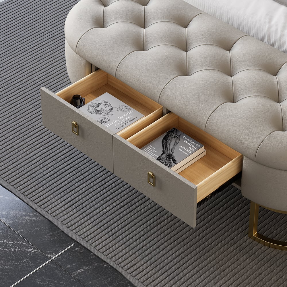 Questions and Answers for Modern Gray Bedroom Storage Tufted Bench with 2 Drawers in Leather Upholstery