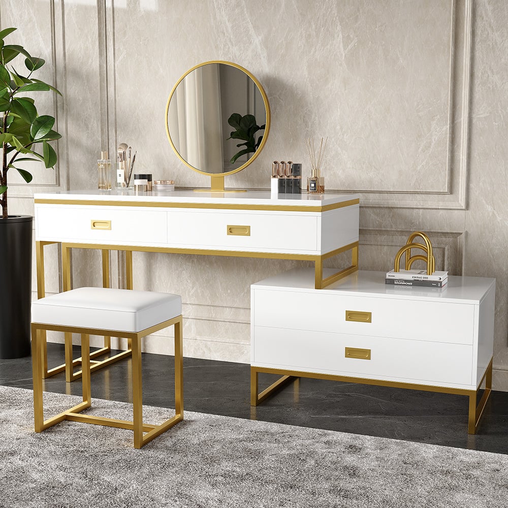 Questions et Réponses pour Coiffeuse extensible moderne blanche avec miroir et tabouret inclus