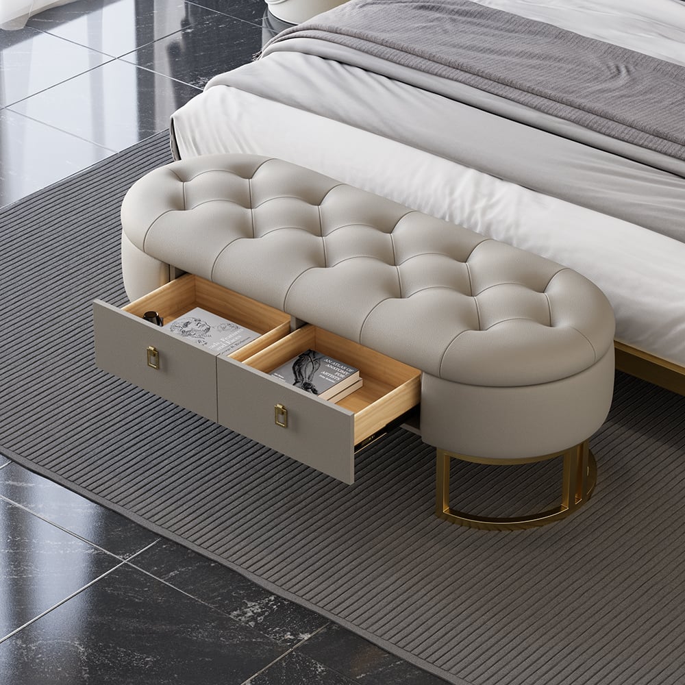 Questions and Answers for Modern Gray Bedroom Storage Tufted Bench with 2 Drawers in Leather Upholstery
