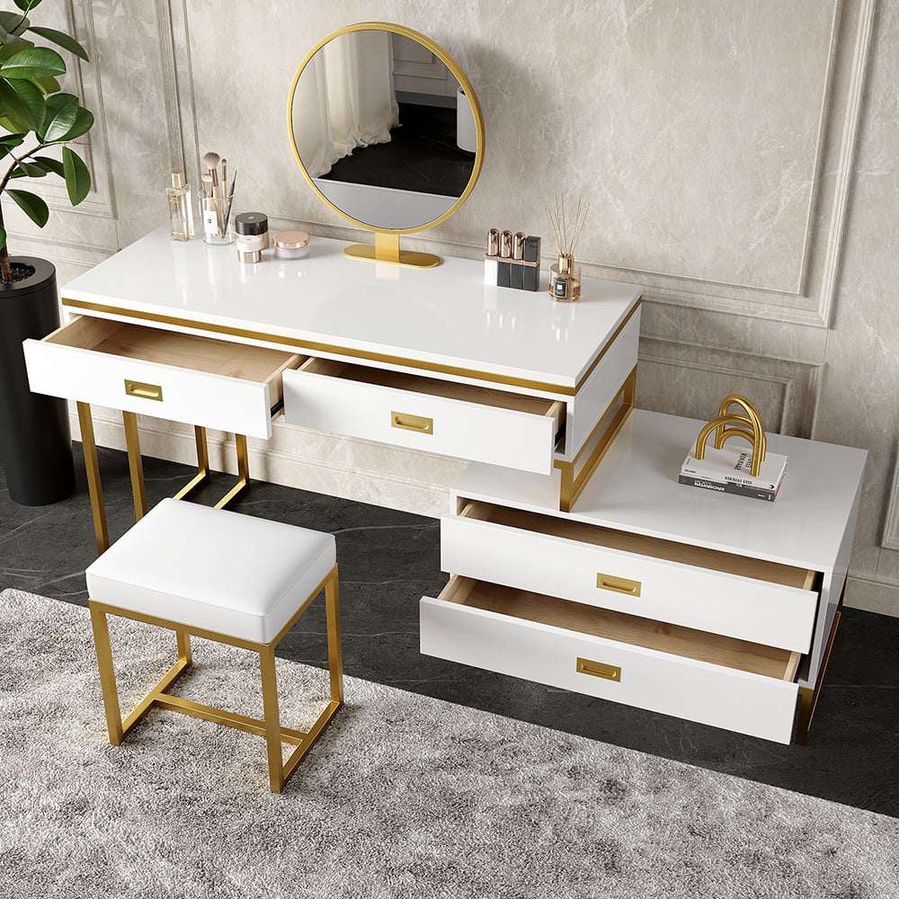 Questions et Réponses pour Coiffeuse extensible moderne blanche avec miroir et tabouret inclus