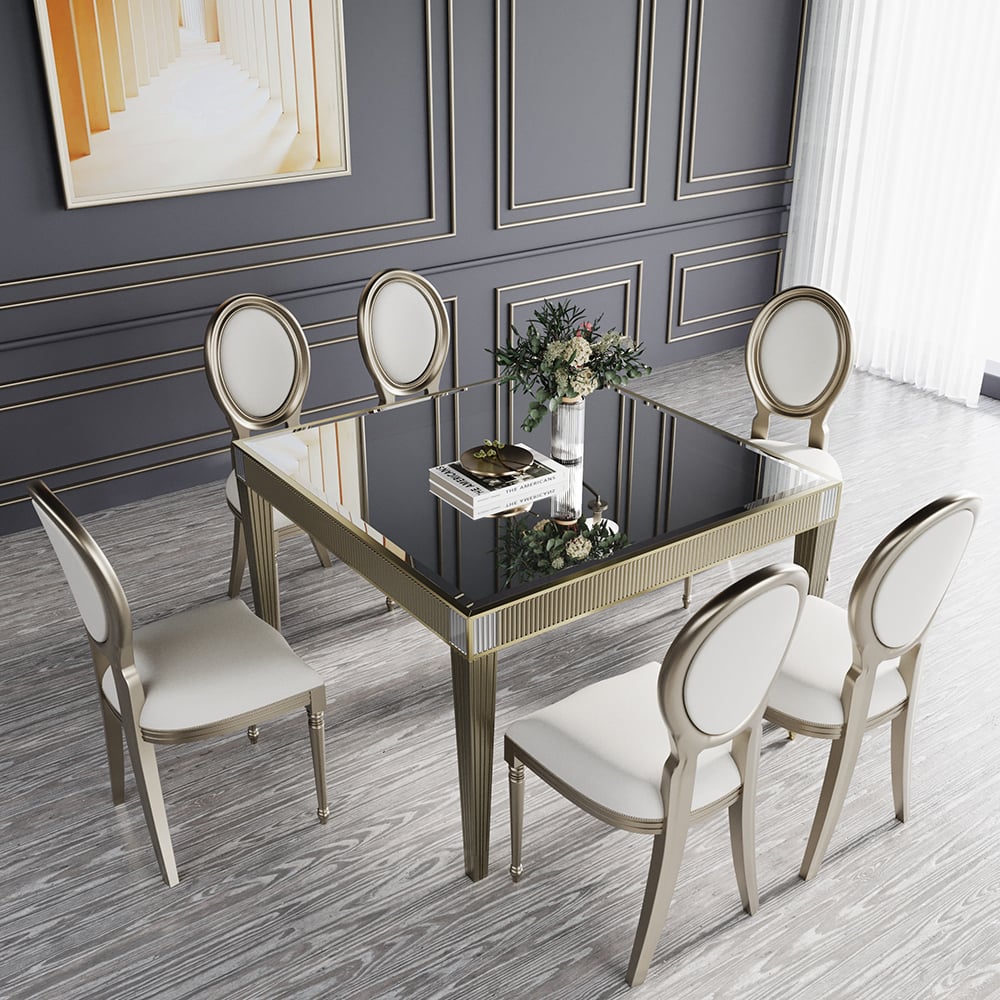 Questions and Answers for Traditional 1200mm Square Mirrored Dining Table for 8 People Gold Solid Wood 4-Legs