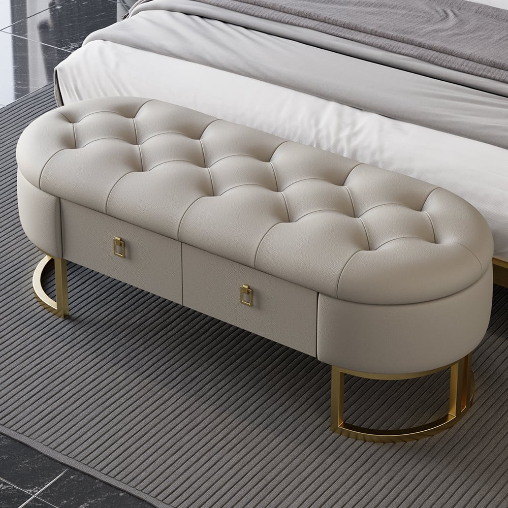 Questions and Answers for Modern Gray Bedroom Storage Tufted Bench with 2 Drawers in Leather Upholstery