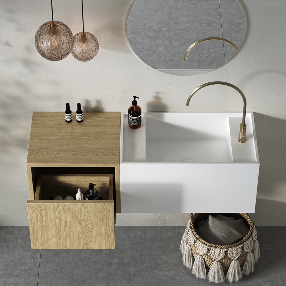 Questions and Answers for Floating Bathroom Vanity Wall-mounted Single Sink with Cabinet in Light Wood & White